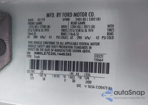 2020 Ford Transit Connect Xl из США, поврежденный, VIN NM0LE7E29L1446385